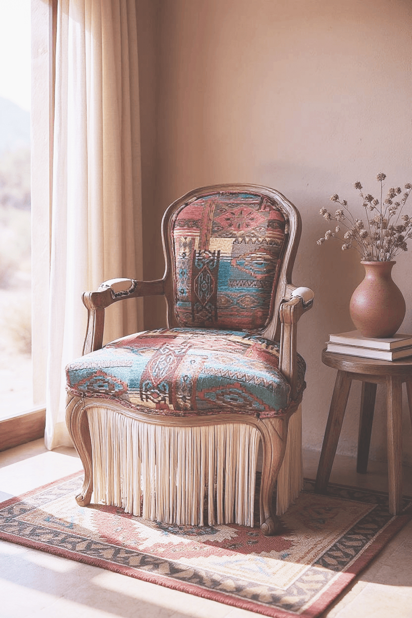 Custom fringe accent chair in sunlit desert-style interior
