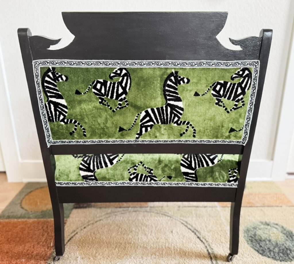 zebra settee back view and close up of trim detail.