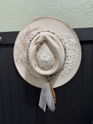 floral burned brim hat with vintage lace. cream color with freshwater pearl hat band.