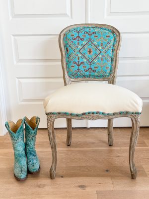 western chair with boots Southwestern style accent chair with cream leather seat and turquoise geometric textile back